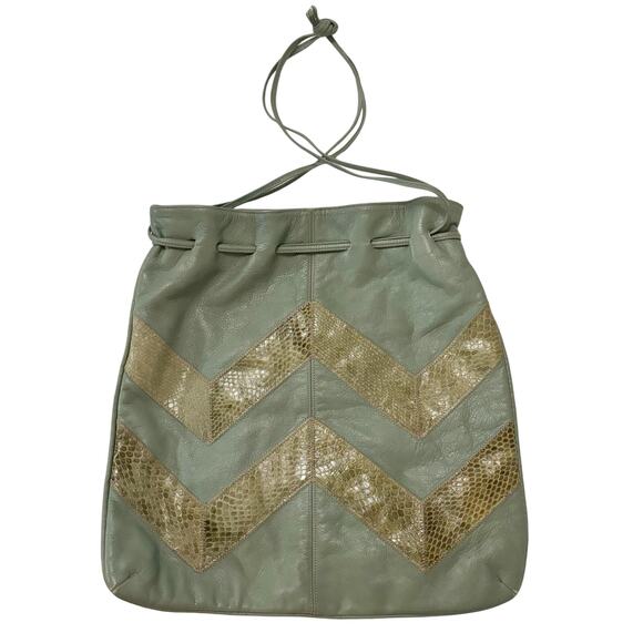 Vintage 1980's Leather Tote Shoulder Bag Green Gold Chevron - Picture 2 of 13